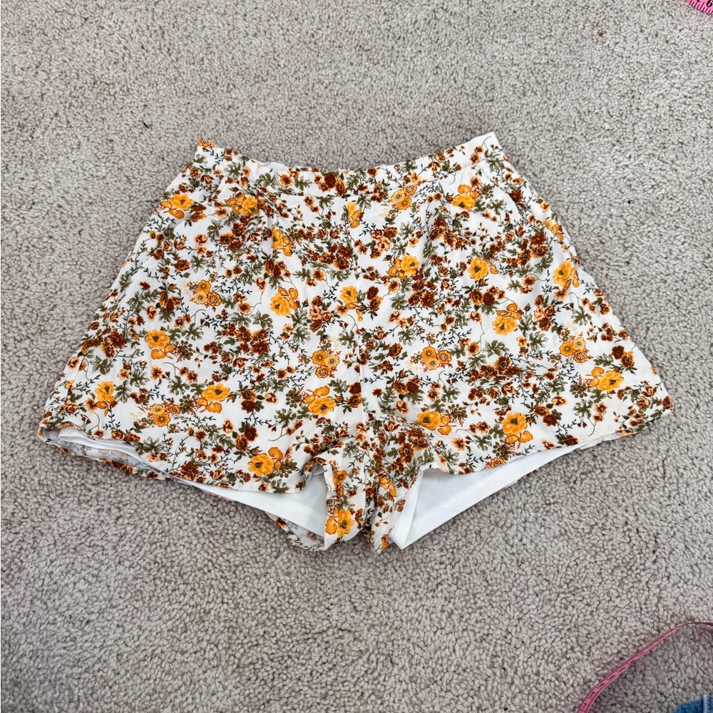 Altar'd State High Waist Floral Shorts - White, Orange, and Brown